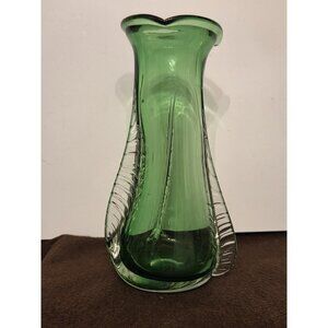 Vintage Handcrafted Green Art Glass Vase 8.5” with Clear Trim‎ Hand Blown